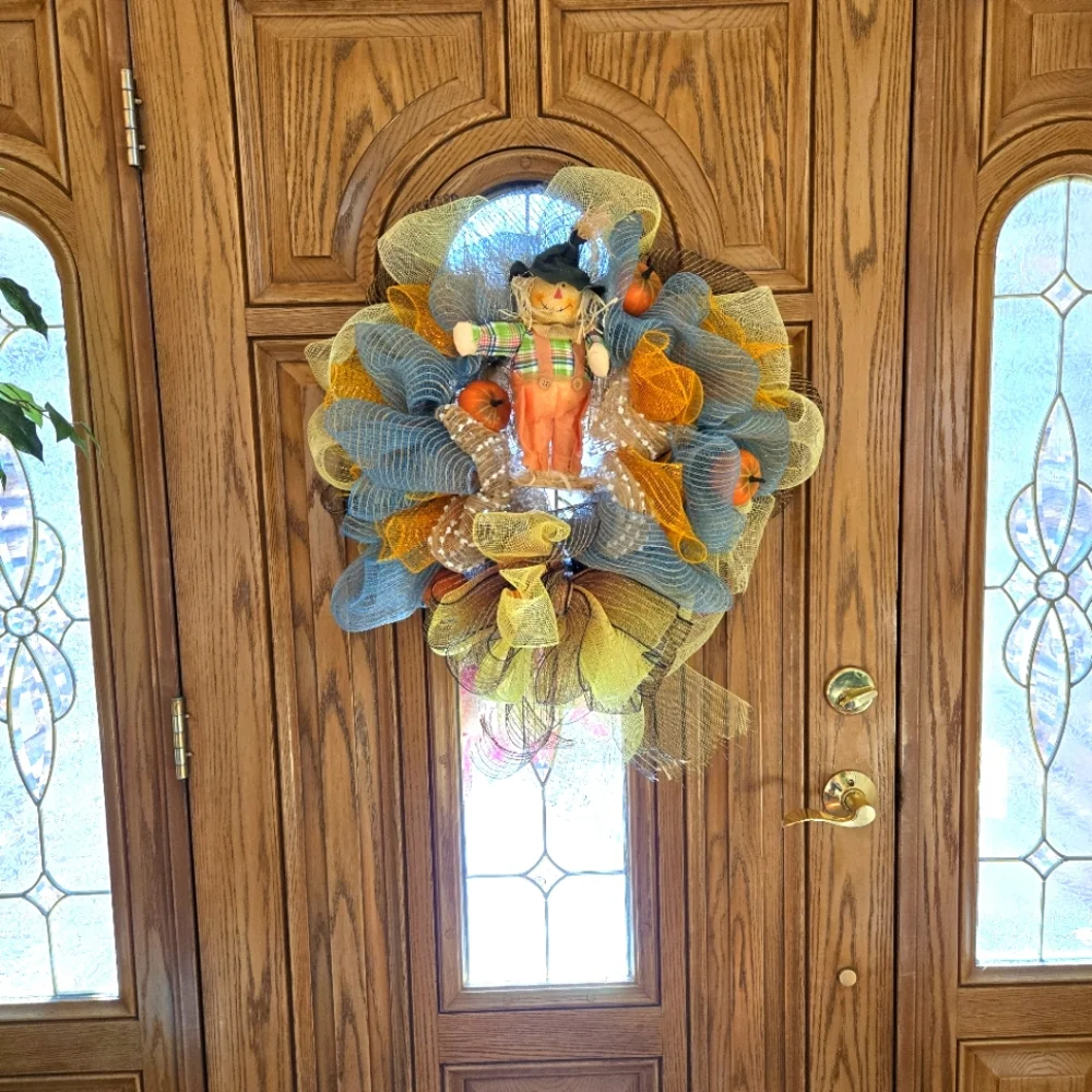 Handcrafted Burlap & Mesh Fall Wreath with Scarecrow, 22